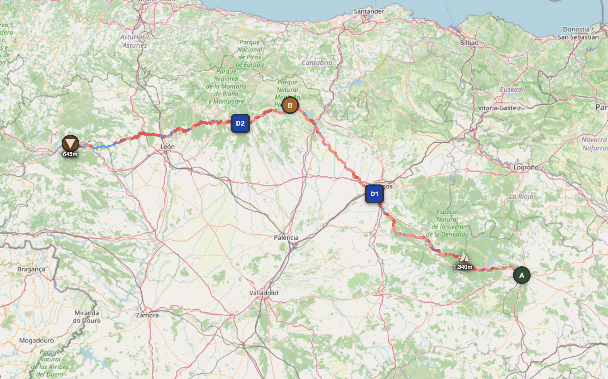 Spain Cantabrian 3-day route map — Soria to Biembre through northern mountains