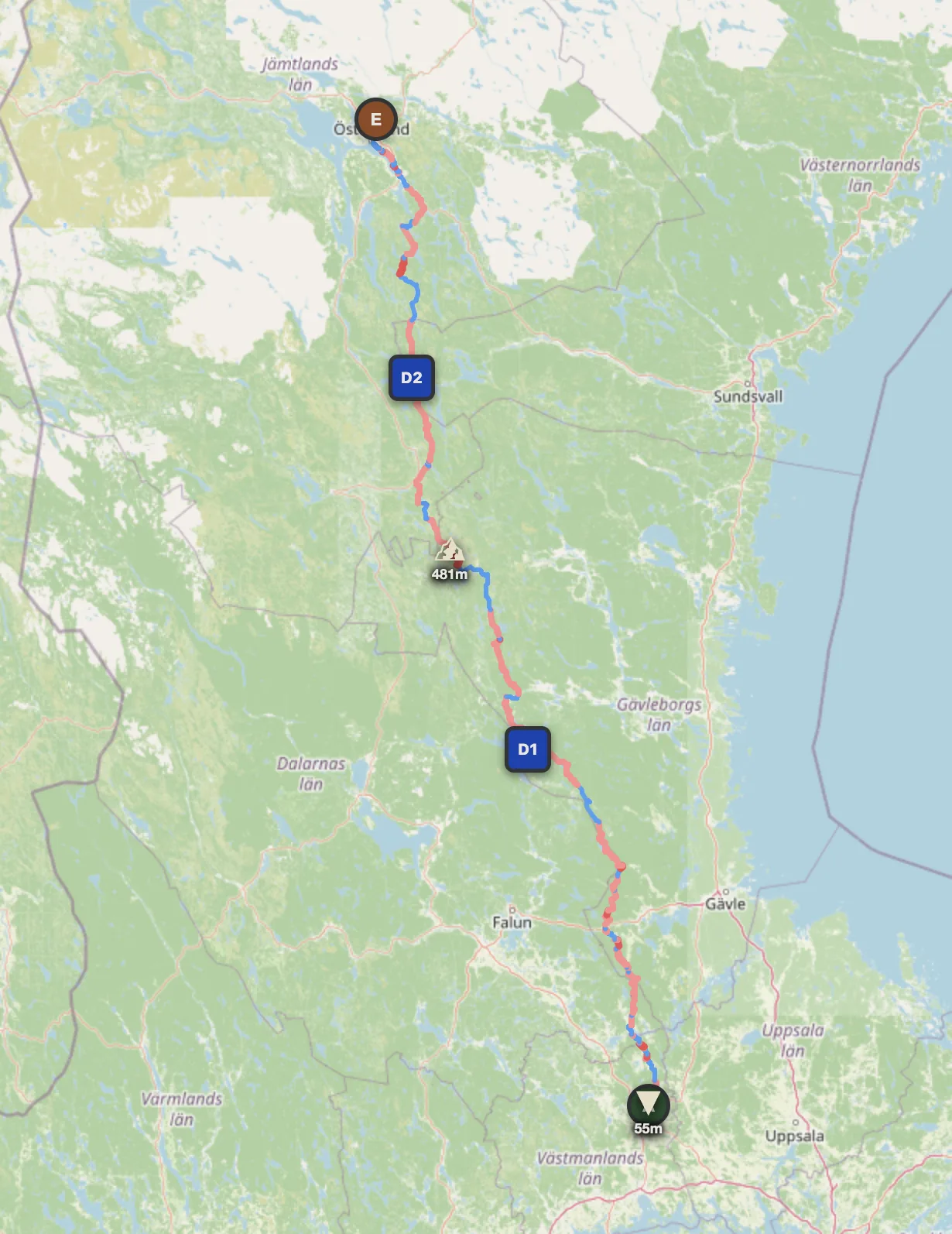 Sweden 3-day offroad route map — Sala to Krokoms through Dalarna and Jämtland