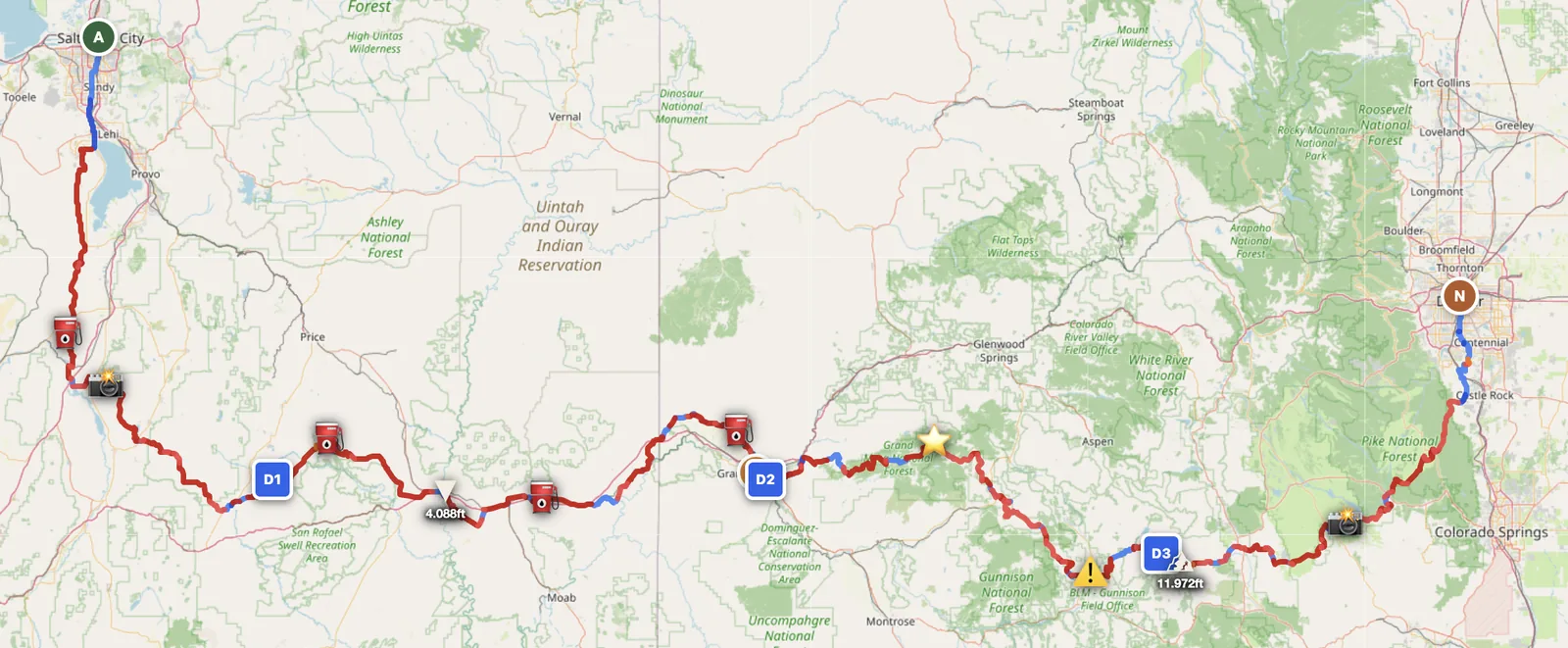 Wasatch to Rockies 4-day Utah-Colorado offroad motorcycle route map — Salt Lake City to Denver via Grand Junction