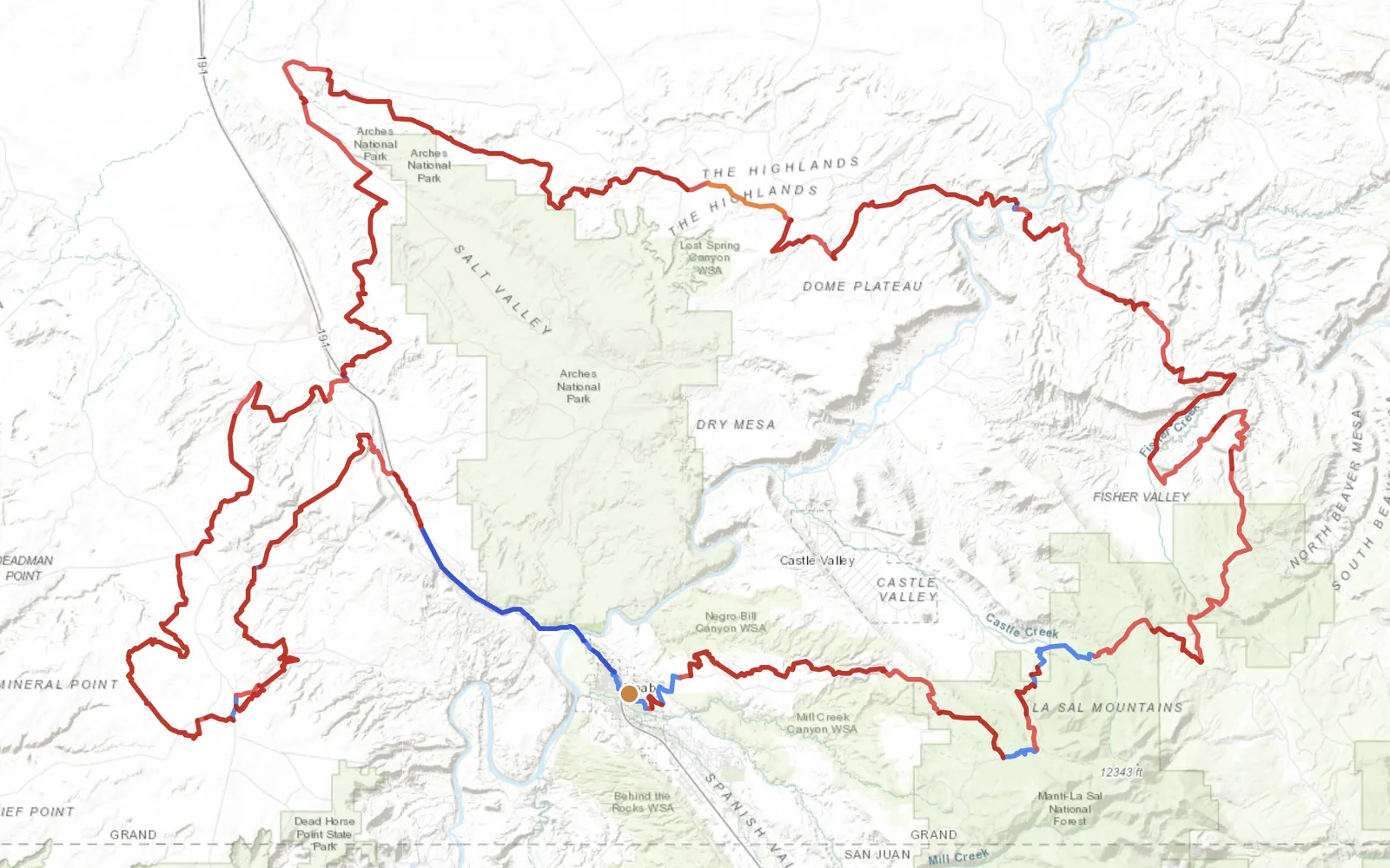 Utah offroad motorcycle route map — Moab day loop through the La Sal foothills and Dome Plateau