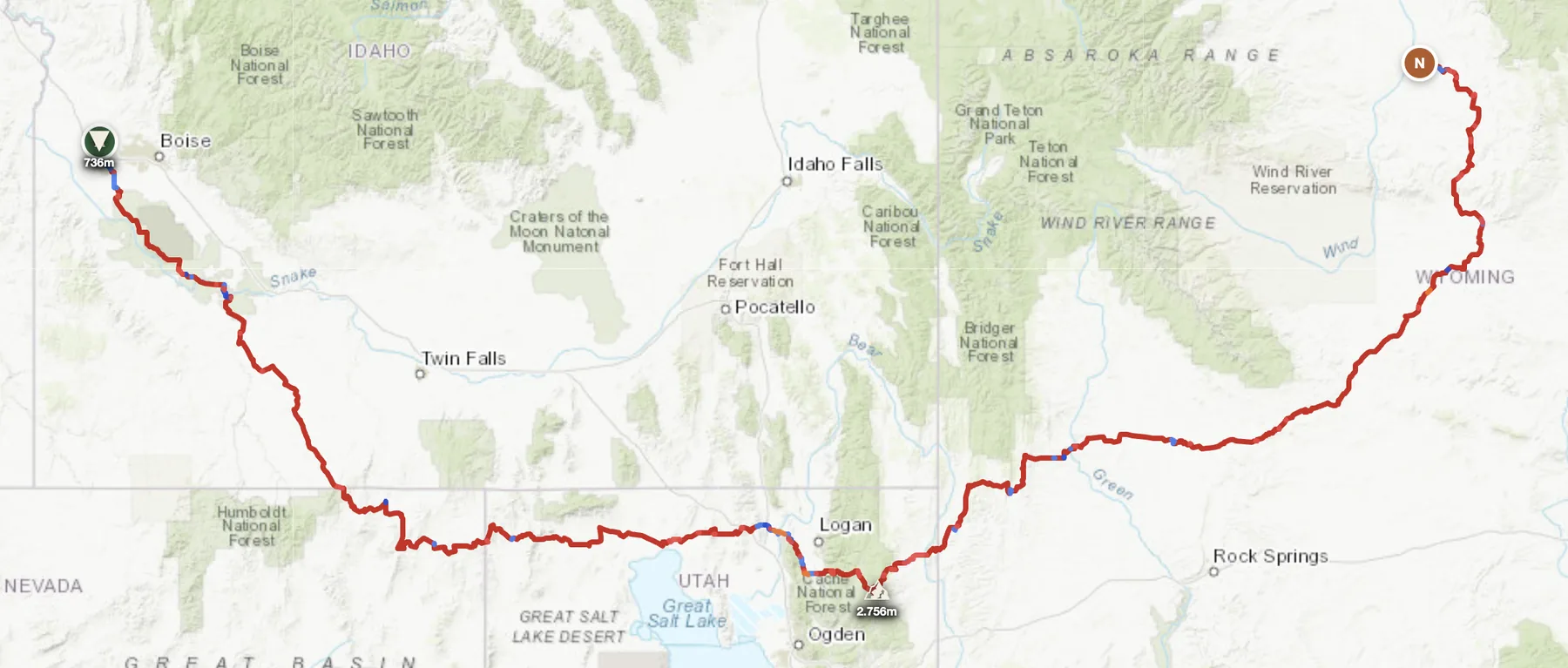 Wyoming offroad route map — Caldwell Idaho to Washakie Wyoming across the Snake River Plain and the Wind River Range